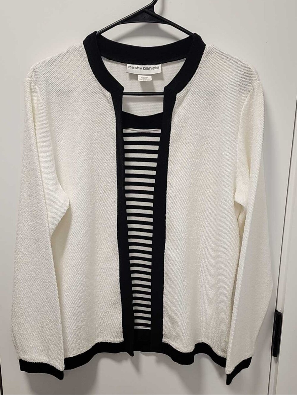 Cathy Daniels Black & White Knit Sweater with Striped Trim